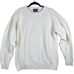 Vintage Peconic Bay Traders Sweater Mens M Ivory Cable Knit Cotton Made in USA